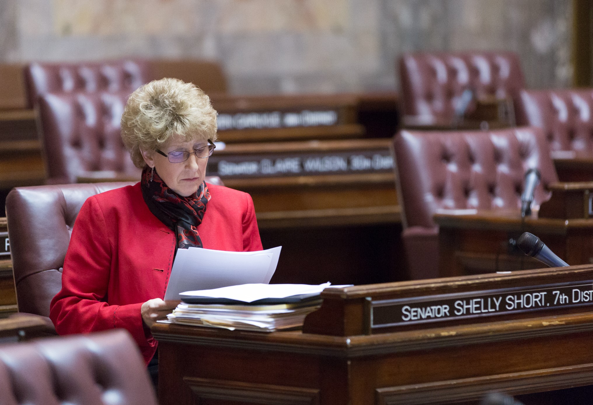 Sen. Short at her desk on the Senate floor.